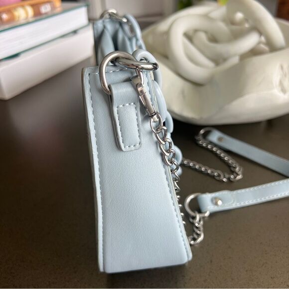 Light Blue Faux Leather Shoulder Bag with Chain Straps - Picture 2 of 8